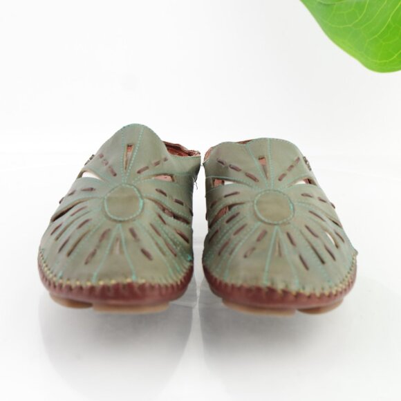 Pikolinos Womens Romana Mule Size 41 10 Green Leather Low Heel Cutout Comfy Shoe - Picture 3 of 11